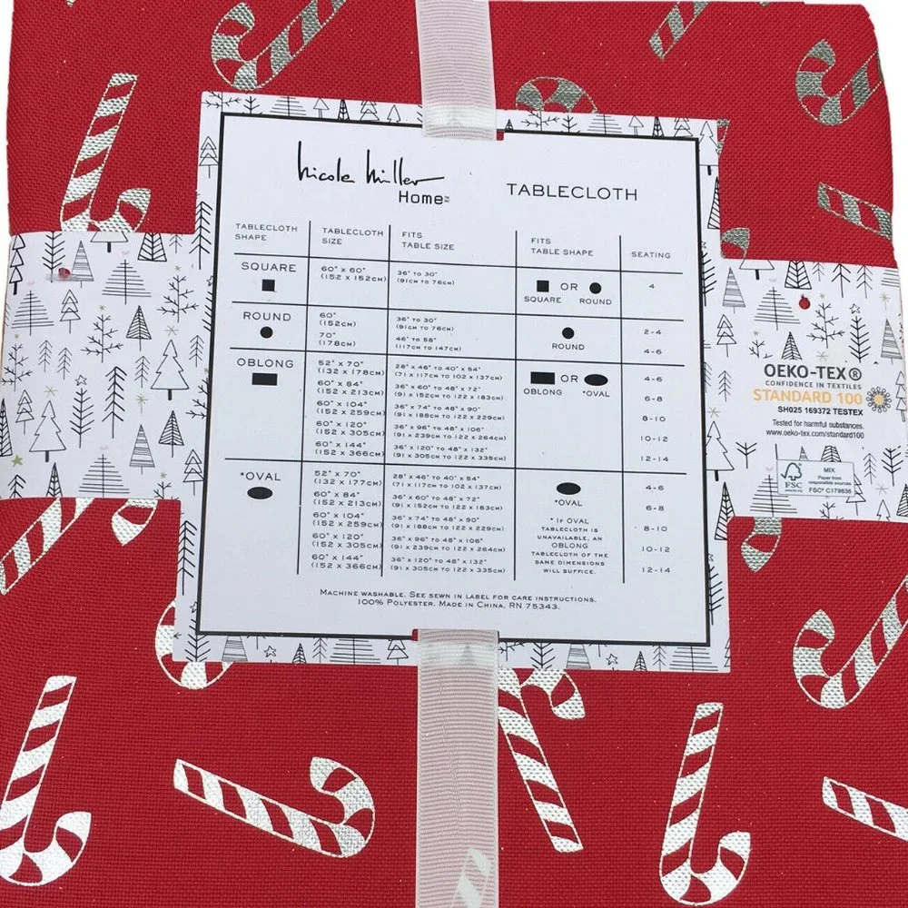 Nicole Miller Candy Cane Tablecloth Christmas Holiday Red Silver Foil 70